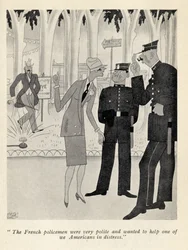 "De franska poliserna var mycket artiga...", illustration från "But Gentlemen Marry Brunettes" av Anita Loos, publicerad 1928